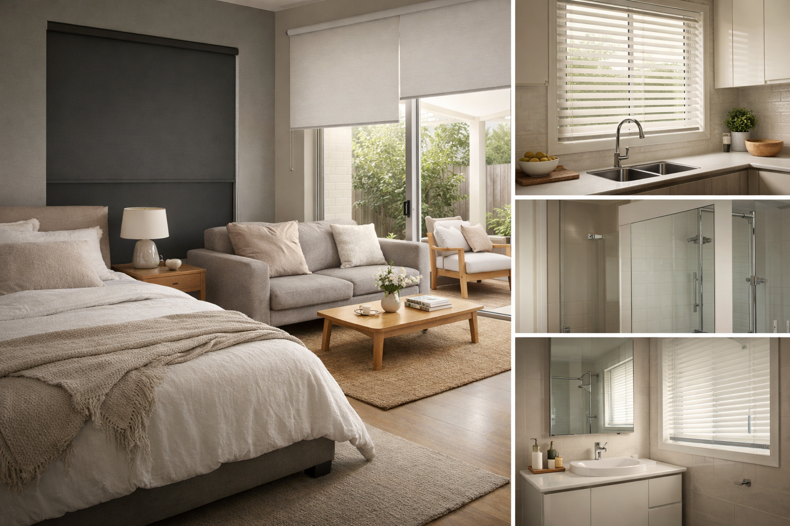 Hero Image blog 1 Different blind styles across bedroom, living room, kitchen and bathroom in an Australian home.