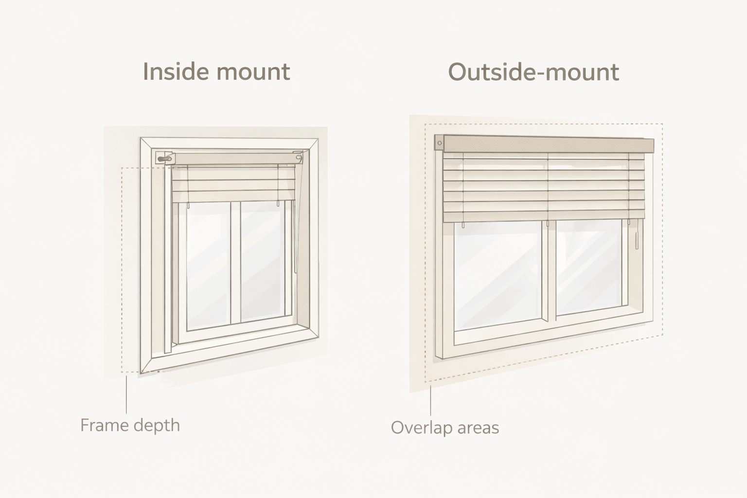 Comparison of inside mount and outside mount blind measurement considerations.
