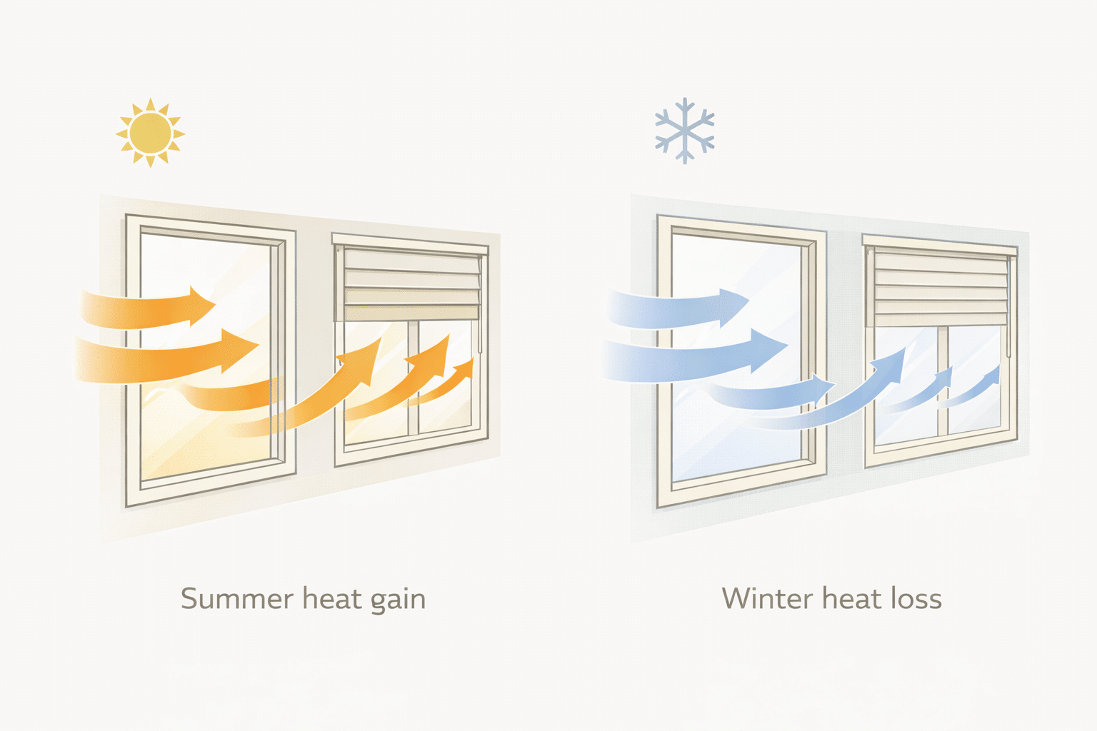Diagram showing how blinds reduce heat gain in summer and heat loss in winter.