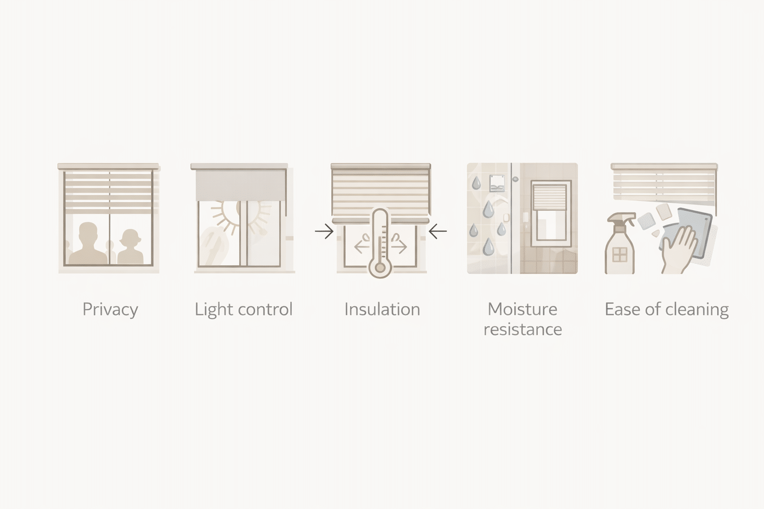 Checklist of key considerations when choosing blinds for different rooms.