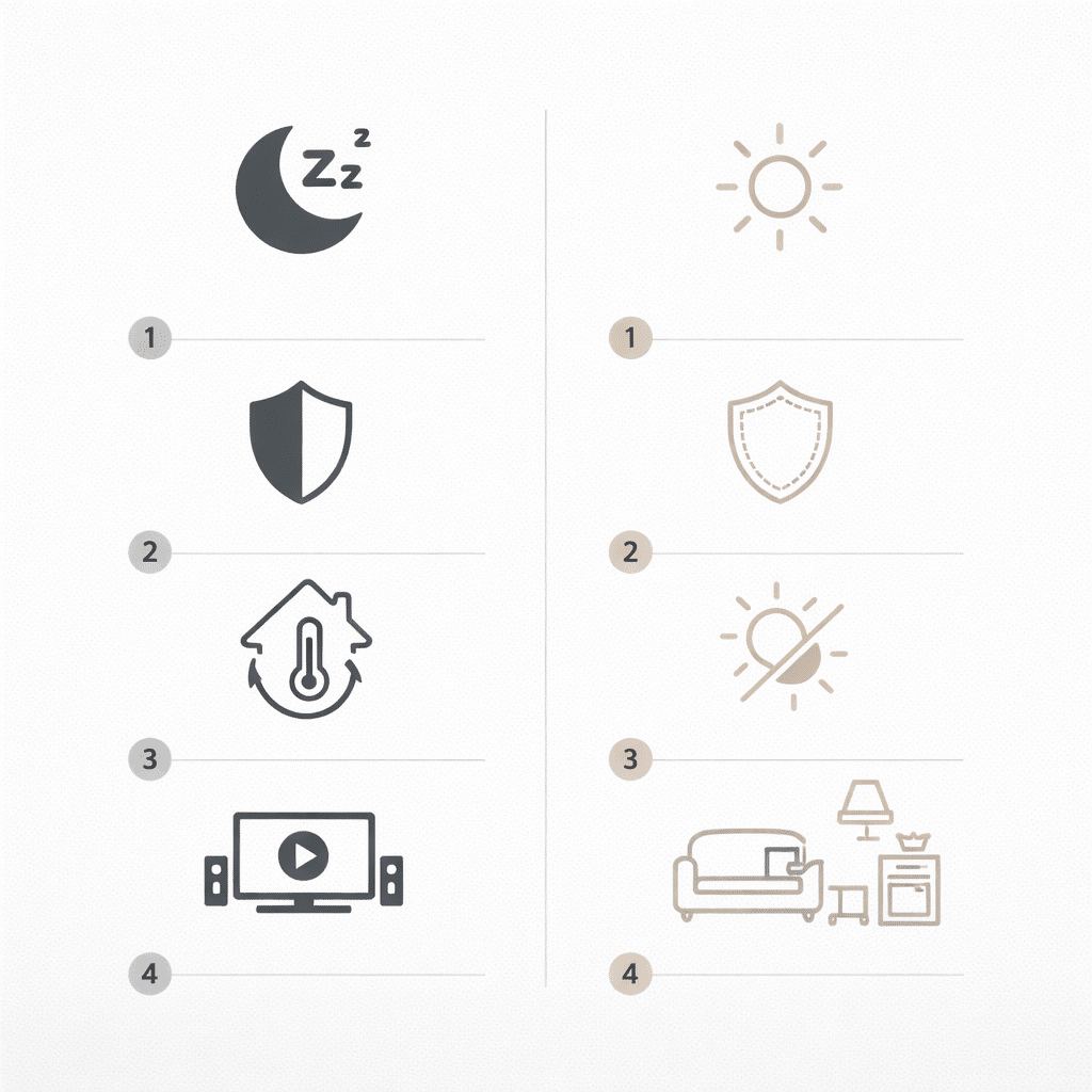 Australian living space showing light-filtering blinds by day and blockout coverage for privacy and darkness.