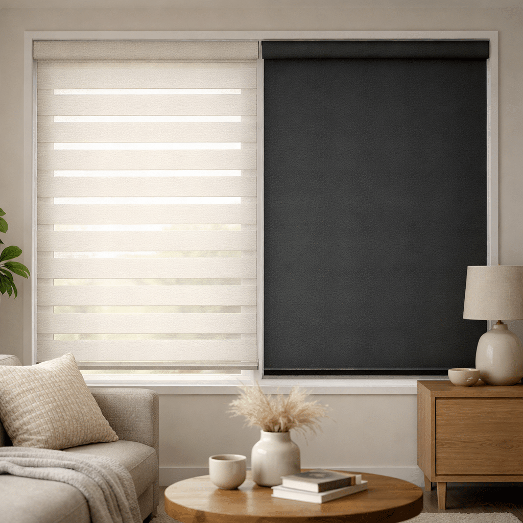 Australian living space showing light-filtering blinds by day and blockout coverage for privacy and darkness.