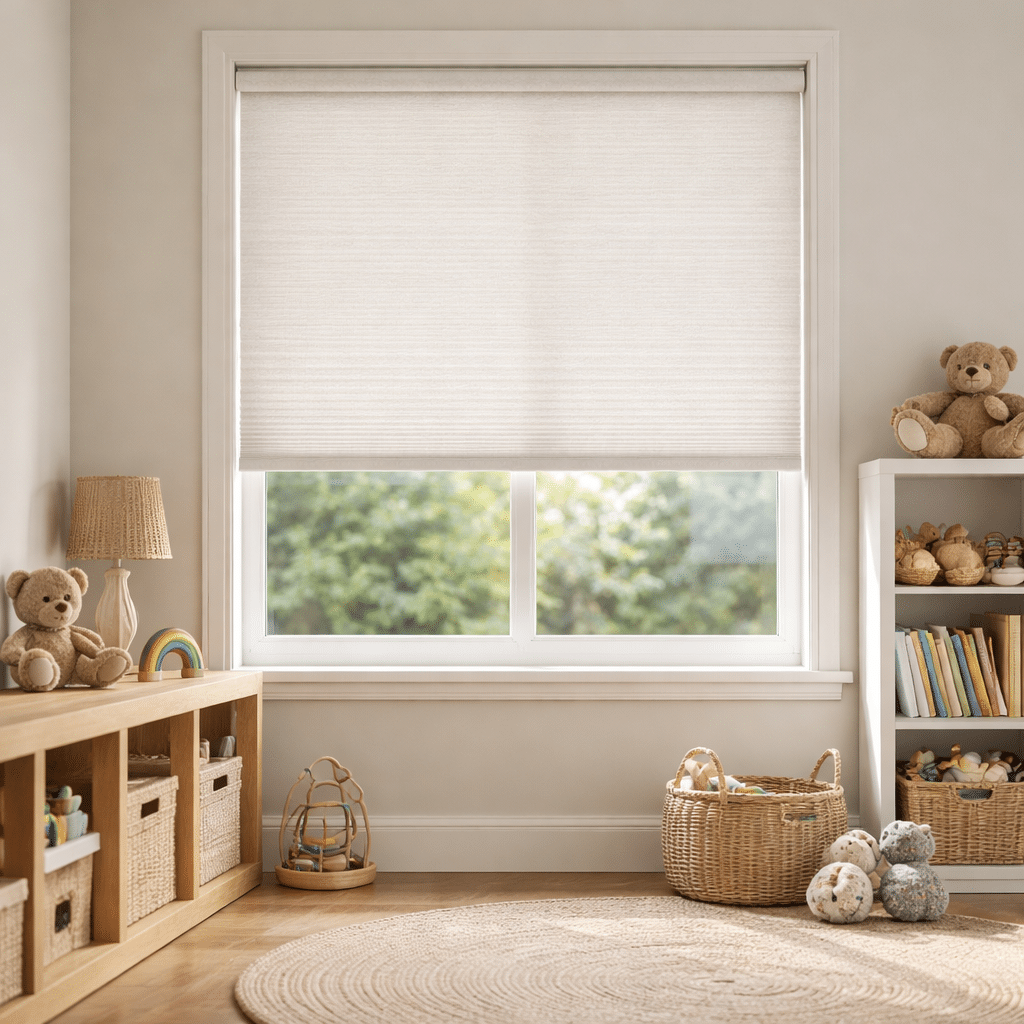 Tidy Australian playroom with cordless blinds and soft daylight through the window.