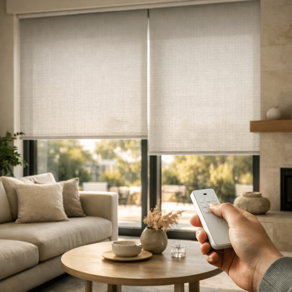 Modern Australian living room with sleek motorised blinds softly filtering afternoon light.