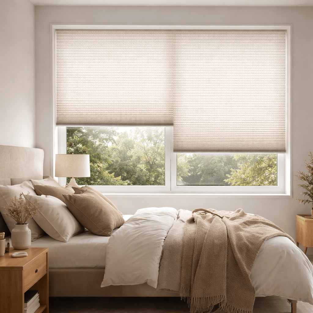 Honeycomb blinds in a modern Melbourne bedroom creating insulation, privacy, and soft filtered light.