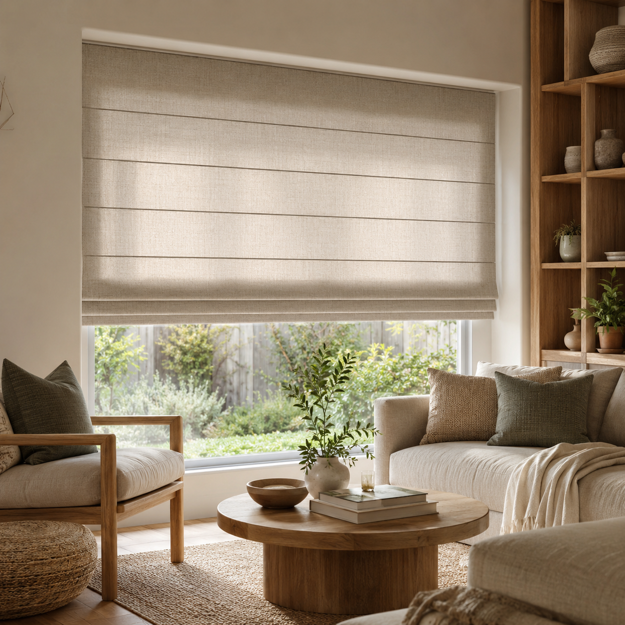 Neutral linen Roman blinds in a warm contemporary Melbourne living room.
