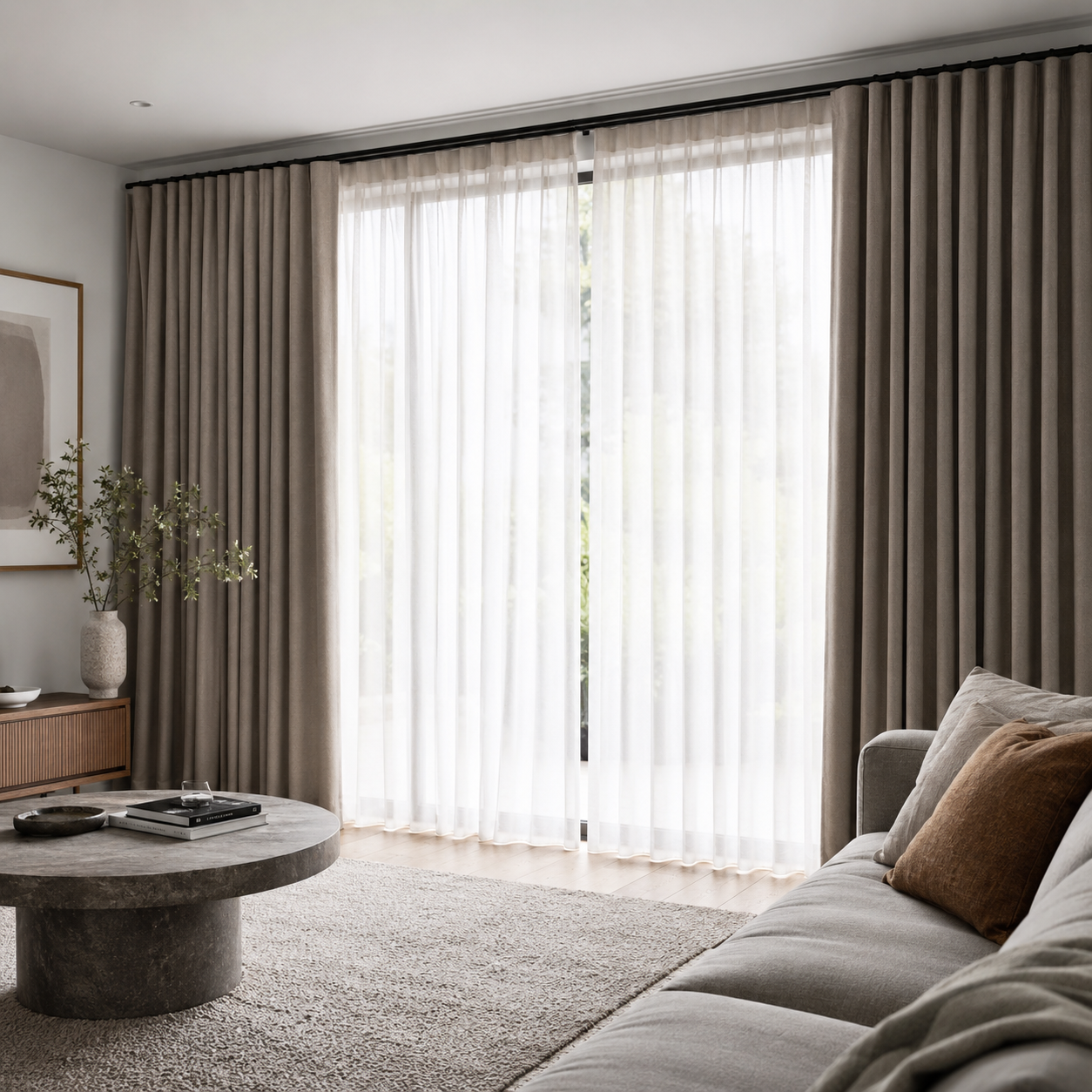total-blinds-layered-curtains-melbourne-hero-square-photorealistic Layered sheer and blockout curtains in a contemporary Melbourne living room with soft natural light.
