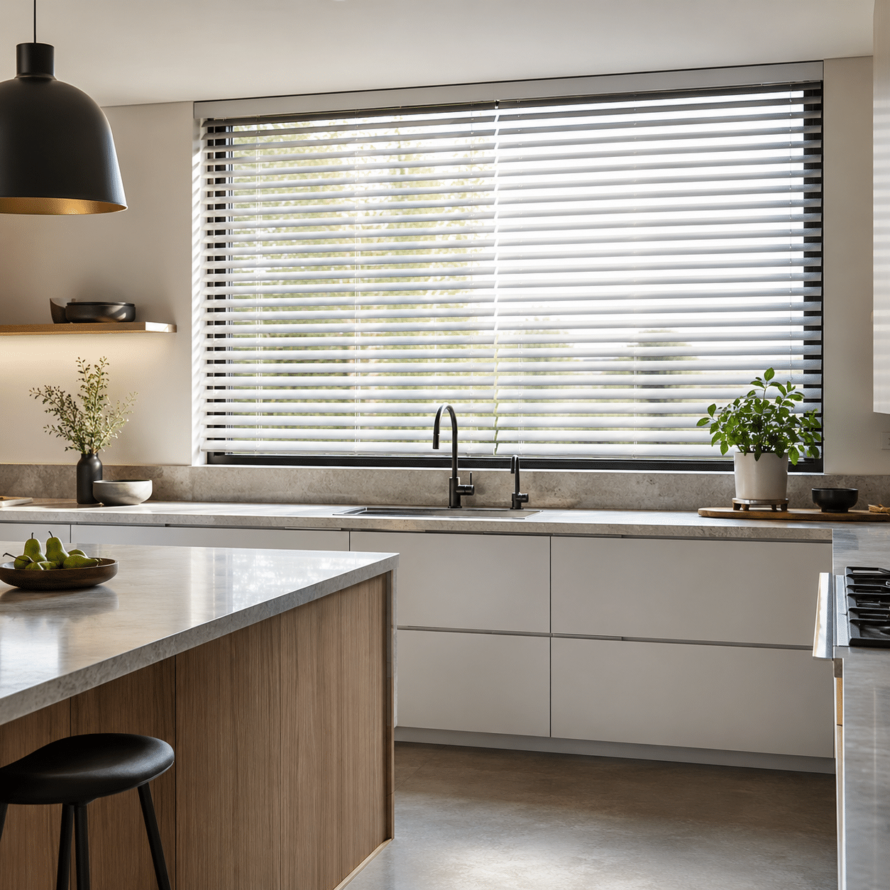 Venetian blinds in a modern Melbourne kitchen with angled slats controlling light and privacy.