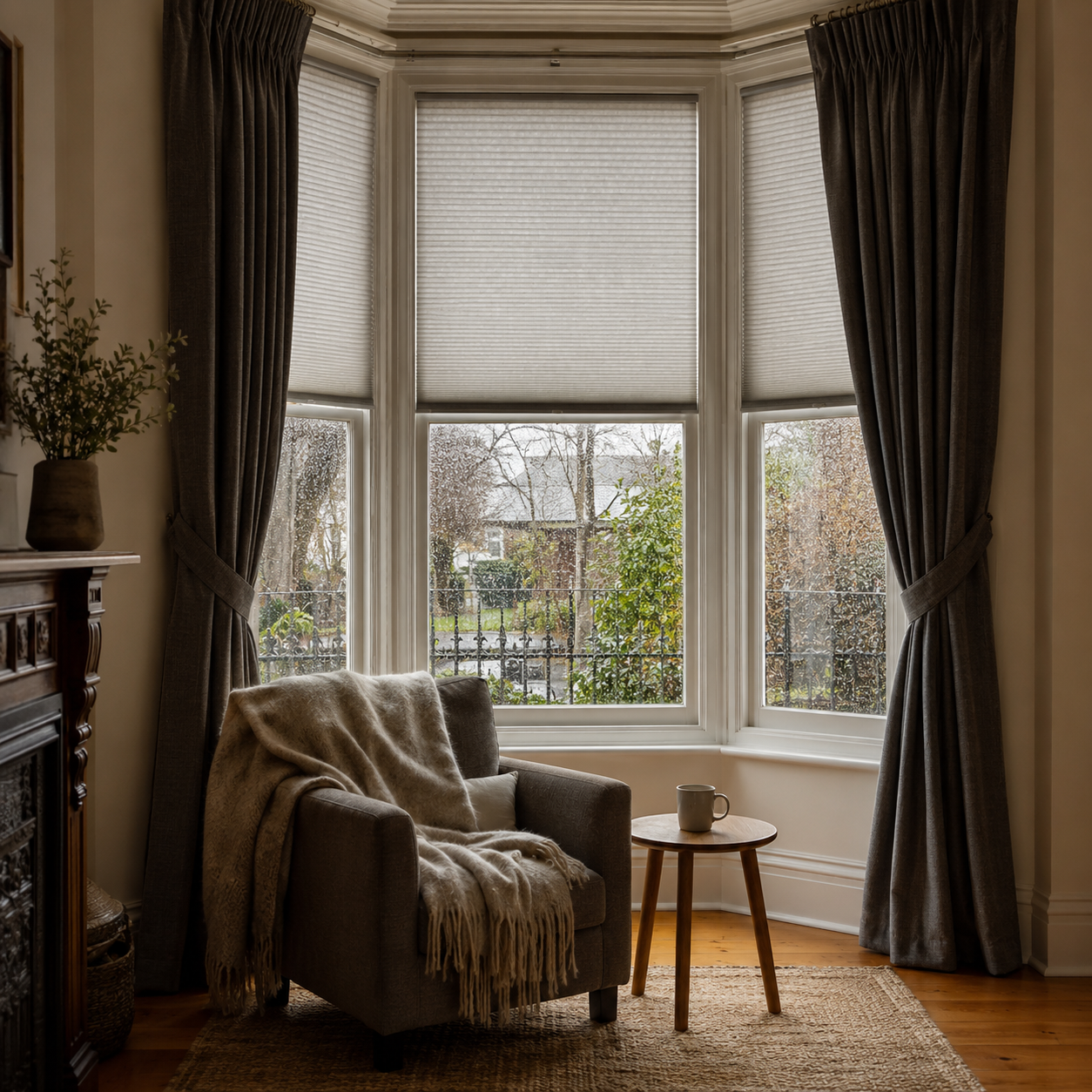 cosy-melbourne-winter-home-honeycomb-blinds-blockout-curtains Cosy Melbourne bay-window reading corner with honeycomb blinds and blockout curtains for winter warmth.