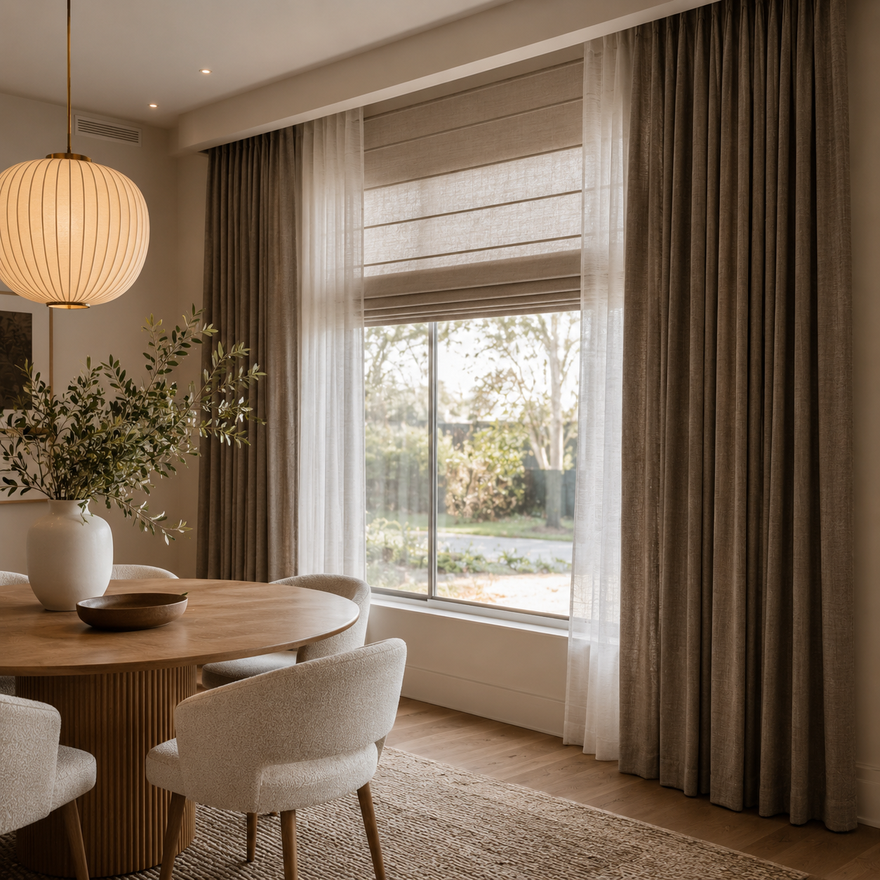 elegant-melbourne-dining-room-layered-curtains-roman-blind-drapes Elegant Melbourne dining room with layered Roman blind, sheer curtains and full-length drapes for winter style.