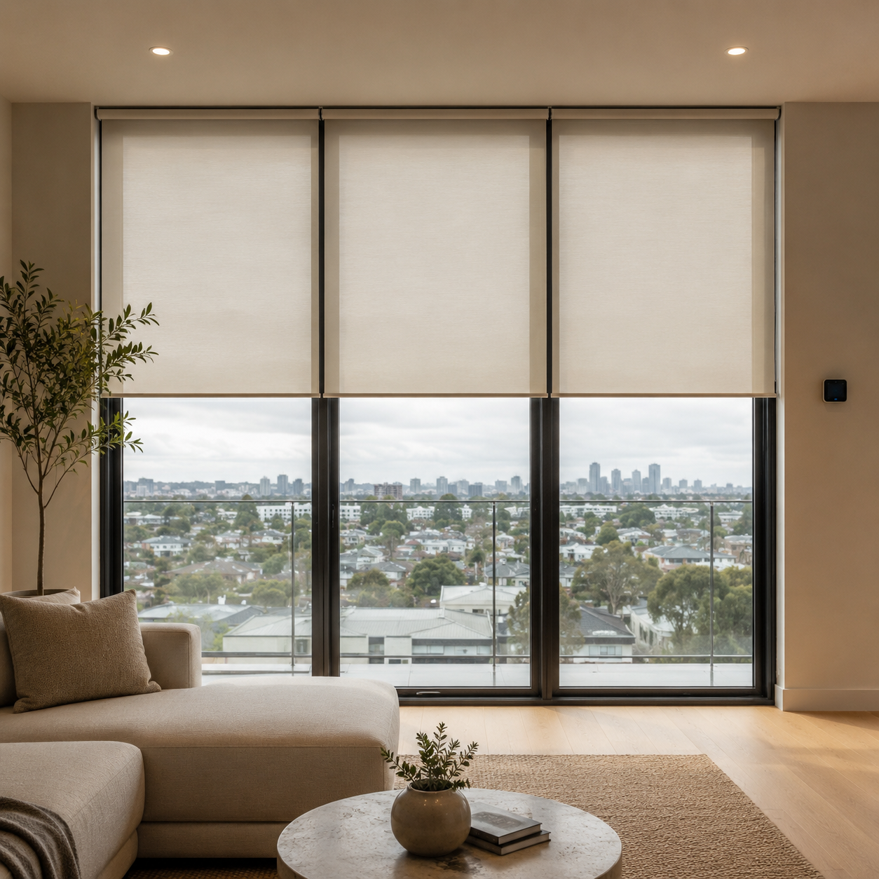 : Modern Melbourne apartment with thermal roller blinds and energy-efficient window furnishings for winter
